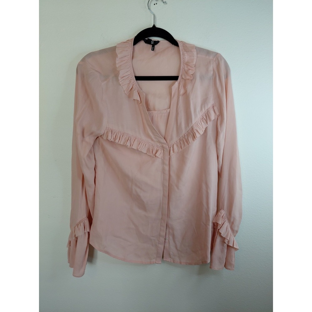PAIGE WOMEN'S "MONTEL" V-NECK RUFFLED BLOUSE, MISTY ROSE Small Feminine Rayon